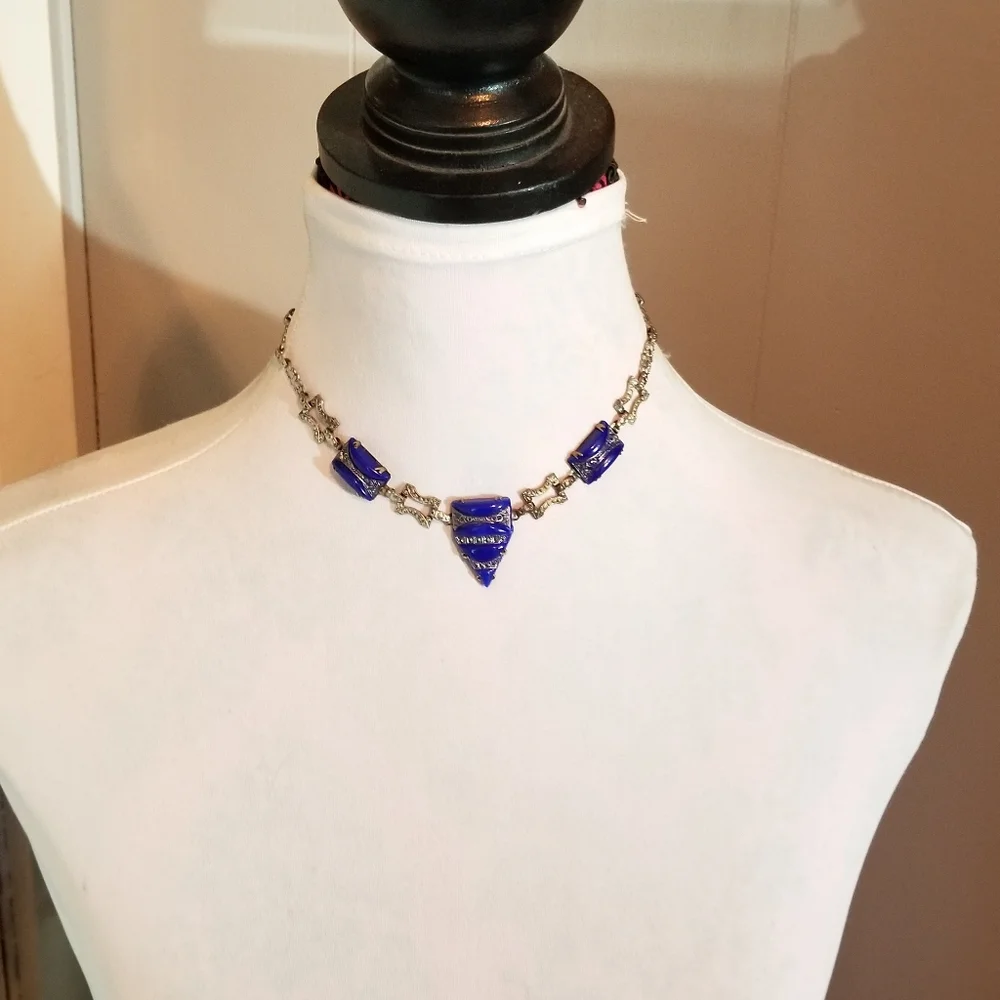 Relisted-Vintage Art Deco necklace blue glass silver tone choker - Picture 7 of 17